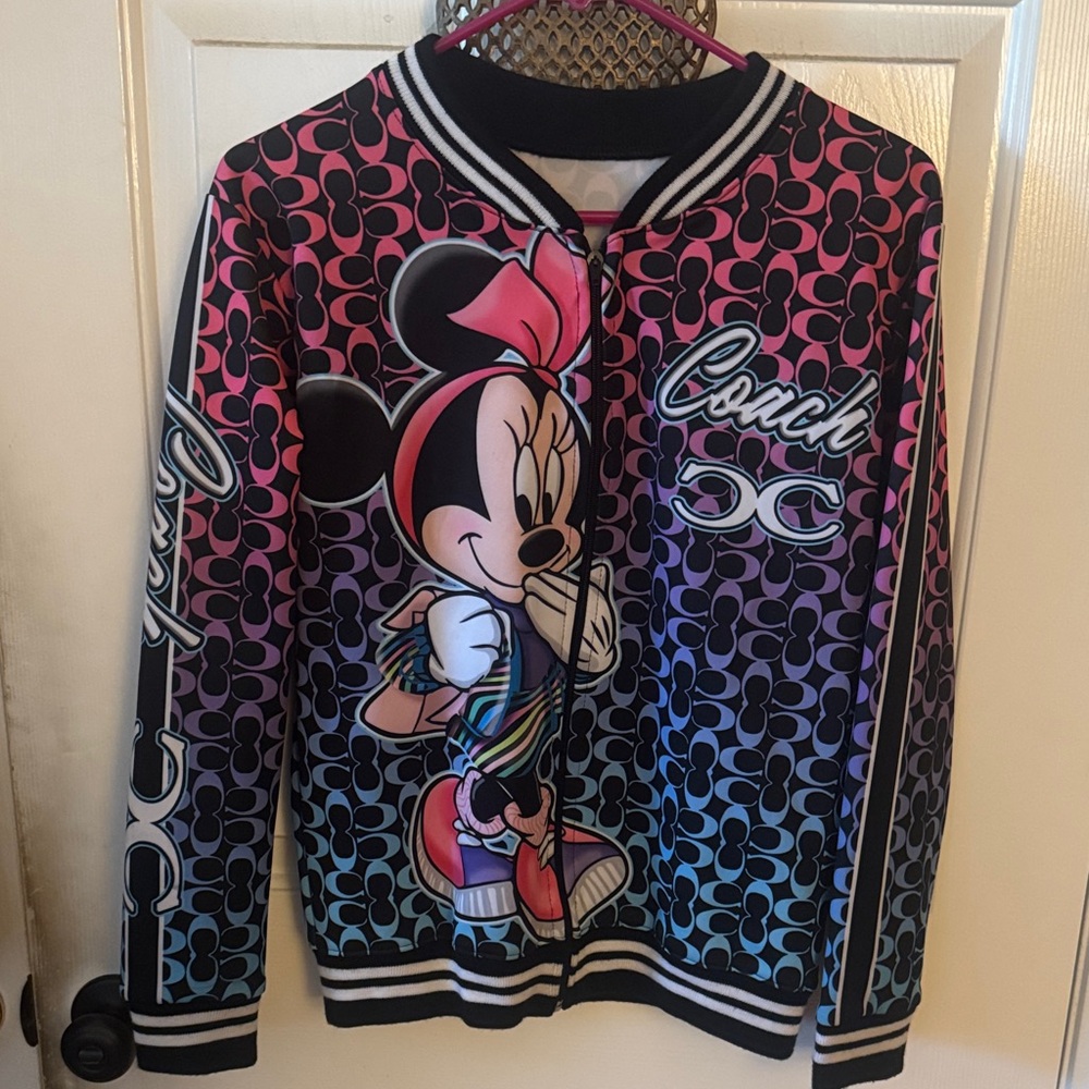 Coach Minnie Mouse Gradient Bomber Jacket in Pink, Purple & Blue